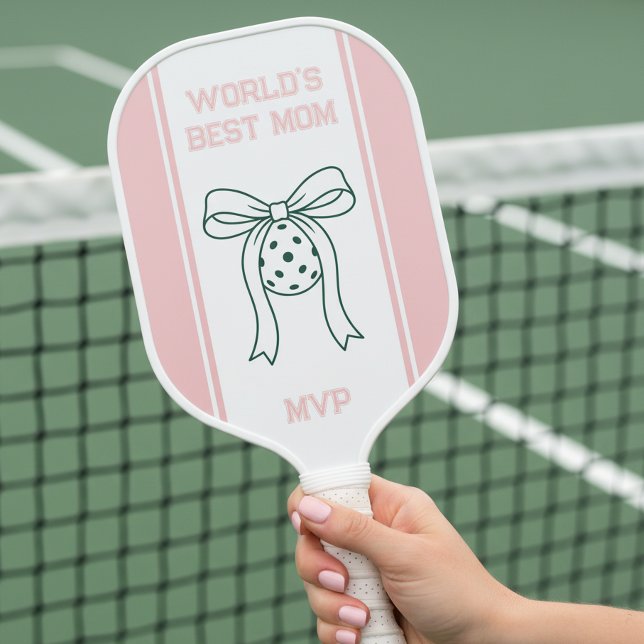 Preppy Coquette World's Best Mom Monogrammed Pickleball Paddle (Monogrammed pickleball paddle for preppy sporty mom by Darling & May)
