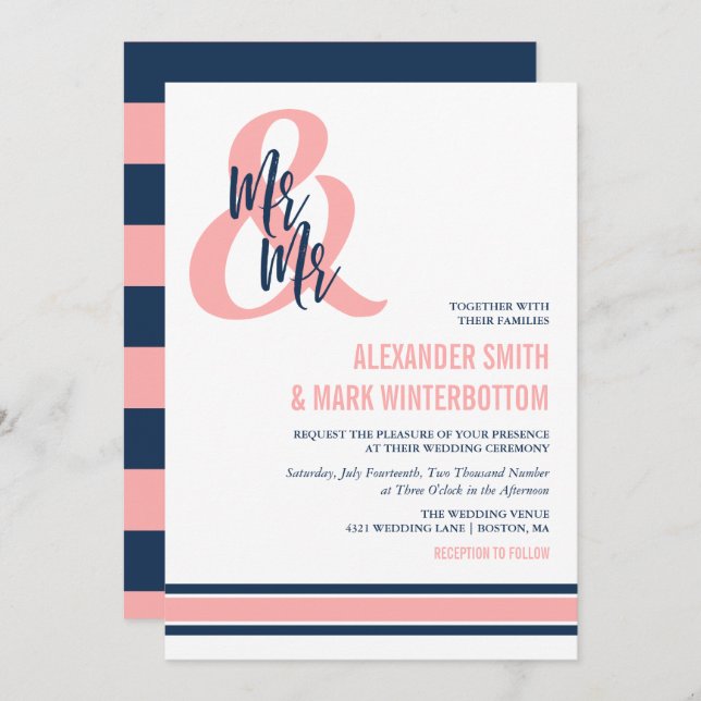 Preppy Coral & Navy Mr & Mr Wedding Invitation (Front/Back)