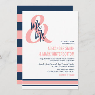 Preppy Coral & Navy Mr & Mr Wedding Invitation
