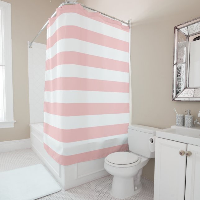 Preppy Coral Pink & White Stripes Shower Curtain (In Situ)