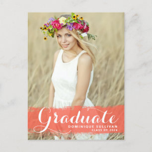 Preppy Coral Watercolor Overlay Photo Graduation Announcement Postcard