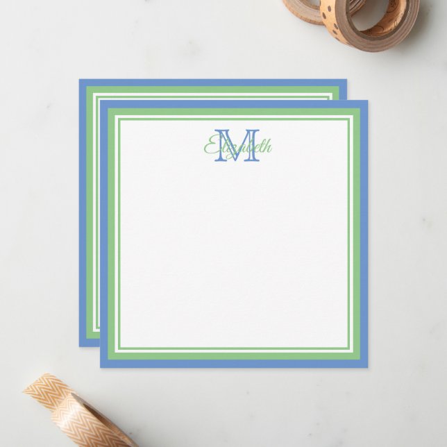 Preppy Cornflower Blue and Sage Green Monogram Card (Front/Back In Situ)