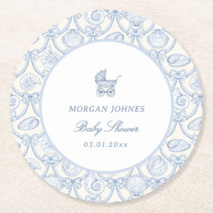 Preppy Couquette Coastal Baby Shower Round Paper Coaster