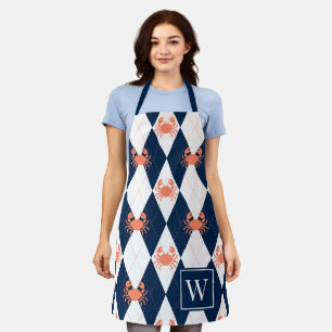 Preppy Crab Argyle - Coral & Navy Monogram Apron