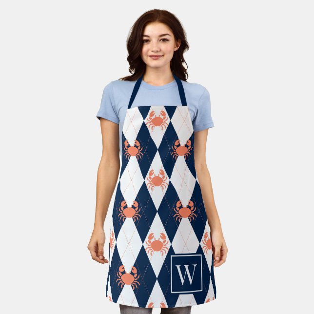 Preppy Crab Argyle - Coral & Navy Monogram Apron (Worn)