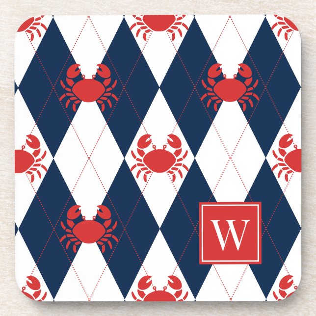 Preppy Crab Argyle Red & Navy Monogram Coaster (Front)
