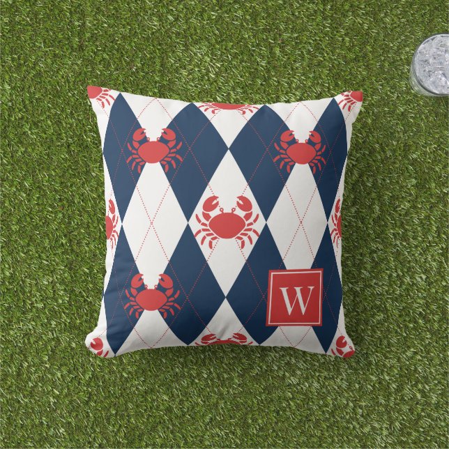 Preppy Crab Argyle Red & Navy Monogram Cushion (Grass)