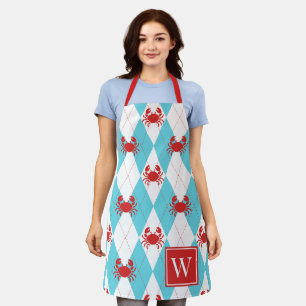 Preppy Crab Argyle - Red & Turquoise Monogram Apron