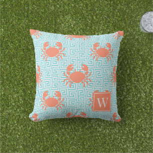 Preppy Crab Greek Key Coral & Turquoise Monogram Cushion