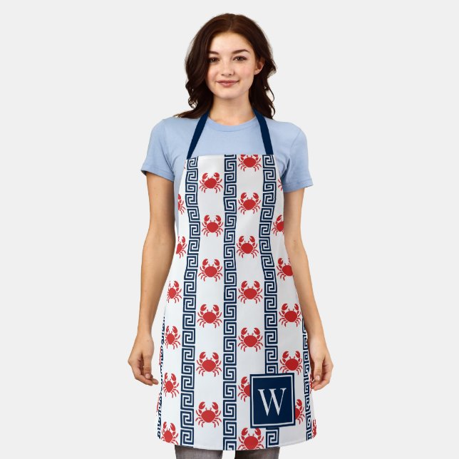 Preppy Crab Greek Key - Red & Navy Monogram Apron (Worn)