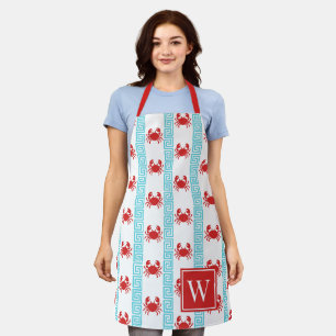Preppy Crab Greek Key Red & Turquoise Monogram Apron