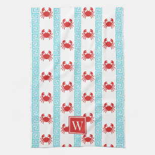 Preppy Crab Greek Key Red & Turquoise Monogram Tea Towel