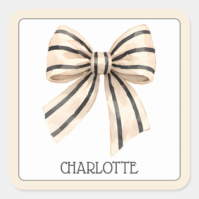 Preppy Cream and Black Stripe Bow Square Sticker (Front)