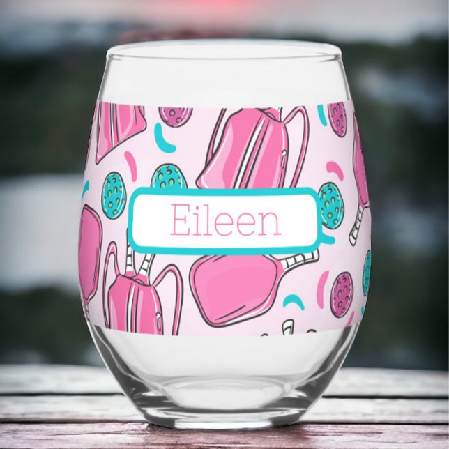 Preppy Custom Pink Pickleball Paddles & Bags  Stemless Wine Glass (Creator Uploaded)