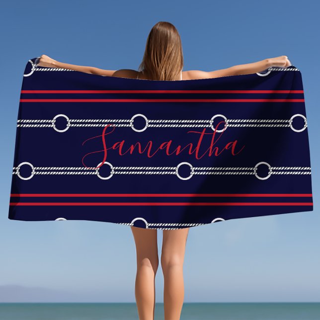 Preppy Cute Navy Personalised Name Beach Towel (Preppy Cute Navy Personalized Name Beach Towel)