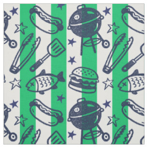 Preppy Dad Grilling Doodle Stripe - Green & Navy Fabric
