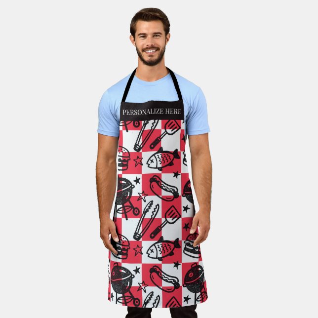 Preppy Dad Grilling Pattern – BBQ Doodles (Check) Apron (Worn)