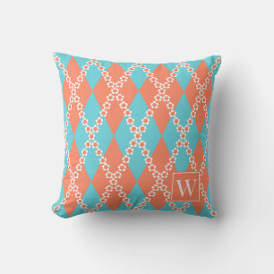 Preppy Daisy Argyle – Coral & Turquoise Monogram Cushion