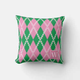 Preppy Daisy Argyle – Pink & Green Monogram Cushion