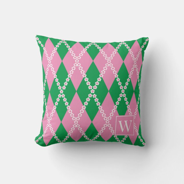 Preppy Daisy Argyle – Pink & Green Monogram Cushion (Front)