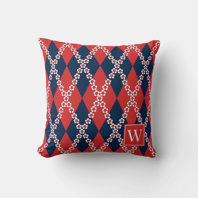 Preppy Daisy Argyle – Red White & Navy Monogram Cushion (Front)