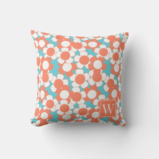 Preppy Daisy Bloom – Coral & Turquoise Monogram Cushion
