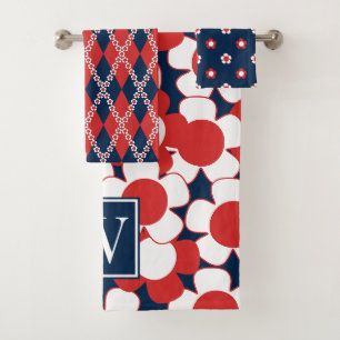 Preppy Daisy Bloom – Navy & Red Monogram Bath Towel Set