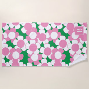 Preppy Daisy Bloom – Pink & Green Monogram Beach Towel