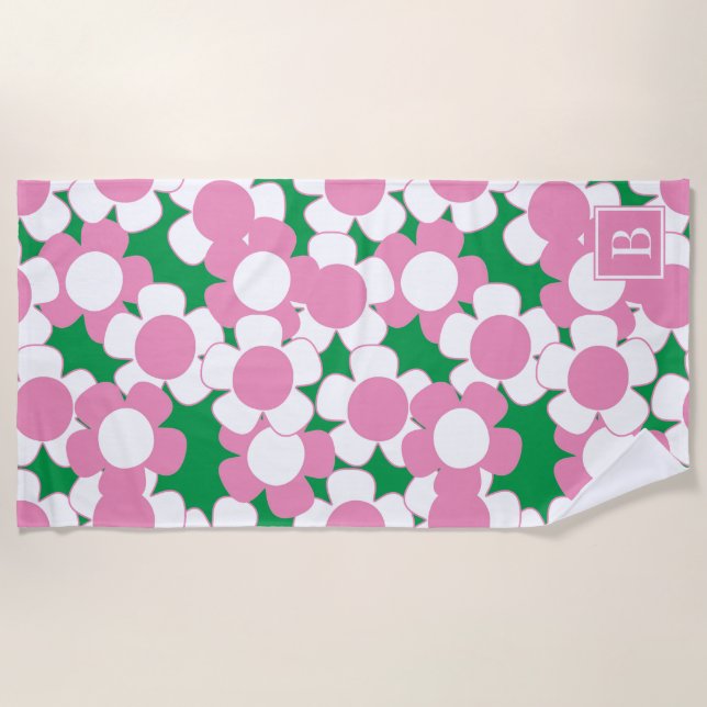 Preppy Daisy Bloom – Pink & Green Monogram Beach Towel (Front)