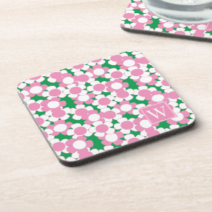 Preppy Daisy Bloom – Pink & Green Monogram Coaster