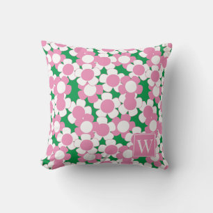 Preppy Daisy Bloom – Pink & Green Monogram Cushion