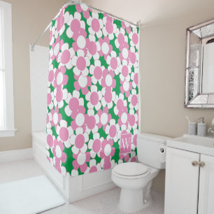 Preppy Daisy Bloom – Pink & Green Monogram Shower Curtain