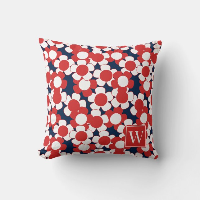 Preppy Daisy Bloom – Red White & Navy Monogram Cushion (Front)