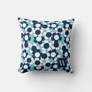 Preppy Daisy Bloom – Turquoise & Navy Monogram Cushion