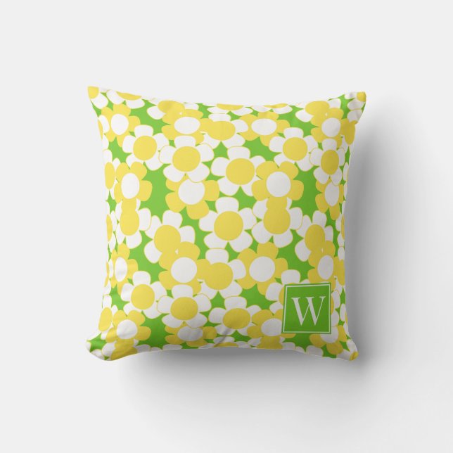 Preppy Daisy Bloom – Yellow & Lime Monogram Cushion (Front)