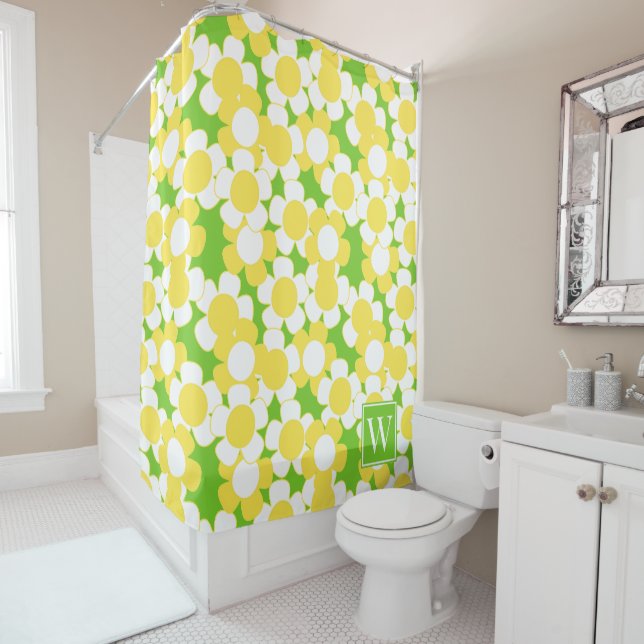 Preppy Daisy Bloom – Yellow & Lime Monogram Shower Curtain (In Situ)