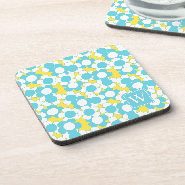 Preppy Daisy Bloom – Yellow & Turquoise Monogram Coaster (Left Side)