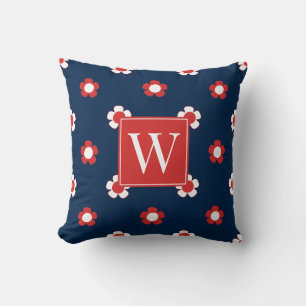 Preppy Daisy Field – Red & Navy Monogram Cushion