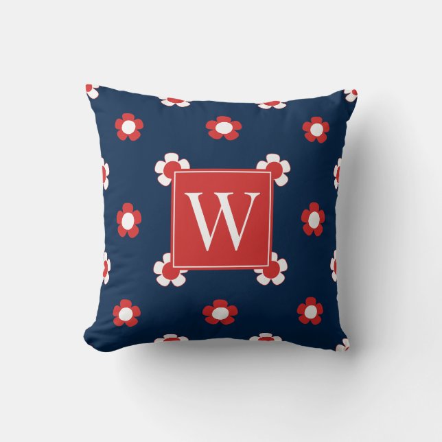 Preppy Daisy Field – Red & Navy Monogram Cushion (Front)