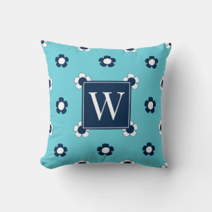 Preppy Daisy Field – Turquoise & Navy Monogram Cushion