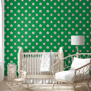Preppy Daisy Scatter Field – Pink & Green Wallpaper
