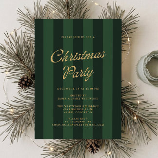 Preppy Dark Green Striped Christmas Party Invitation