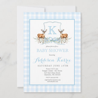 Preppy Deer Gingham Crest Baby Shower Invitation