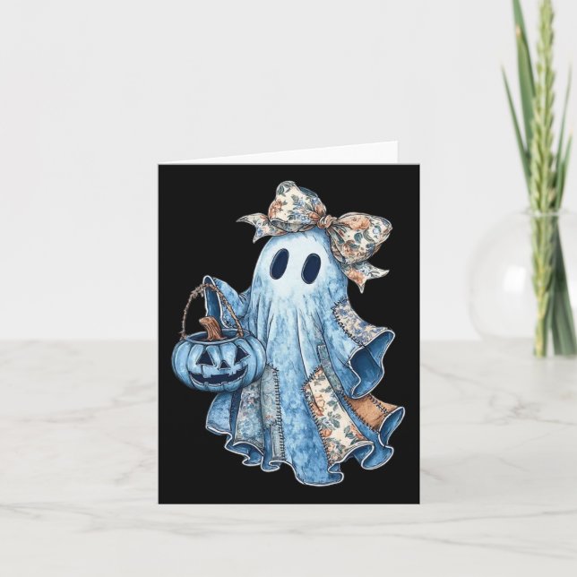 Preppy Denim Floral Fall Ghost Boo Denim Patchwork Card (Front)