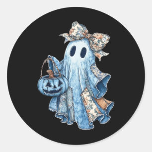 Preppy Denim Floral Fall Ghost Boo Denim Patchwork Classic Round Sticker