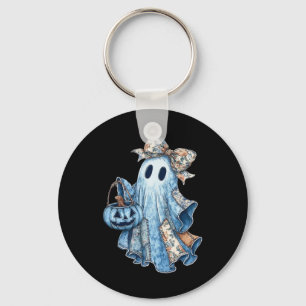Preppy Denim Floral Fall Ghost Boo Denim Patchwork Key Ring