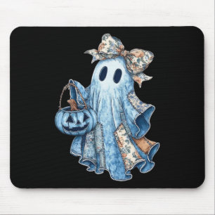 Preppy Denim Floral Fall Ghost Boo Denim Patchwork Mouse Pad
