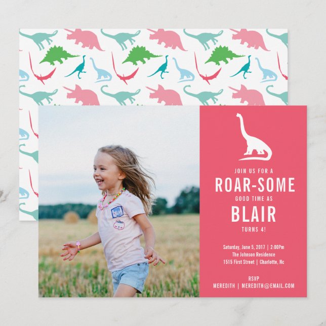 Preppy Dinosaur Silhouette  Birthday Party Photo Invitation (Front/Back)