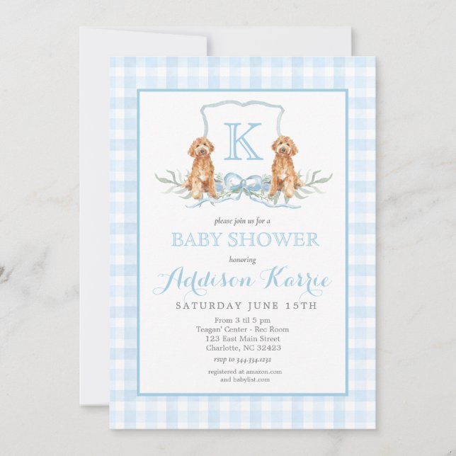 Preppy Dog Gingham Crest Baby Shower Invitation (Front)