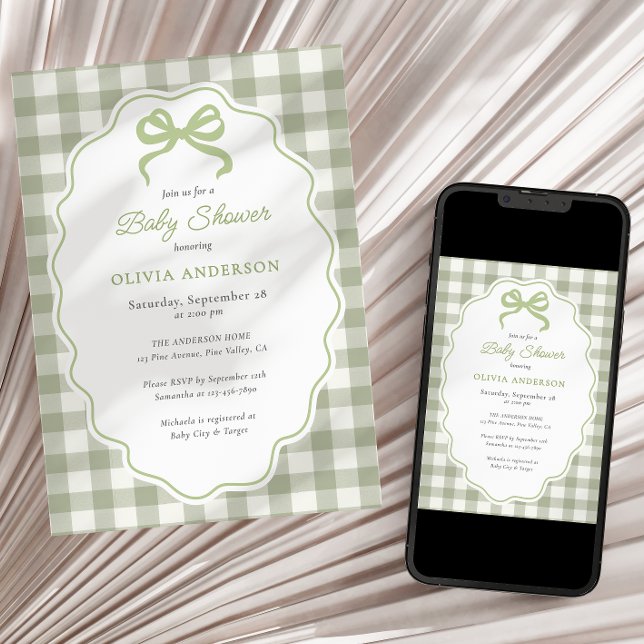 Preppy Doodle Frame Green Gingham Bow Baby Shower Invitation (Creator Uploaded)
